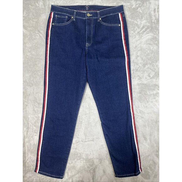 Women’s Tommy Hilfiger Denim Jeans Tribeca Skinny Dark Wash Side Stripes Size 12 - Picture 2 of 15